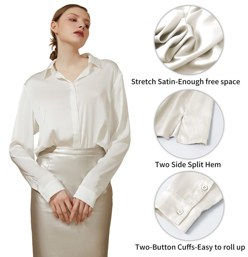 Escalier Women's Satin Silk Long Sleeve Button Down Shirt Casual Work Office Silky Blouse Top White XL - Image 2